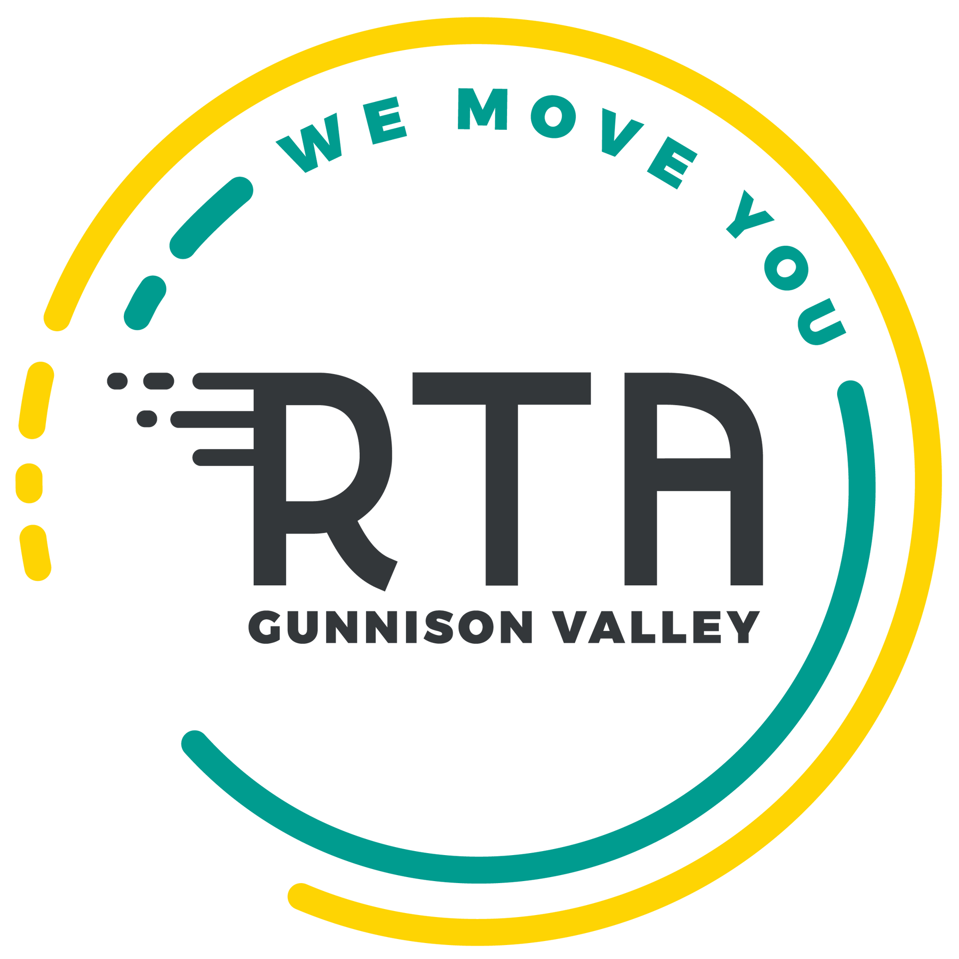 Logo for RTA Gunnison Valley: teal and yellow circles surround dark text 