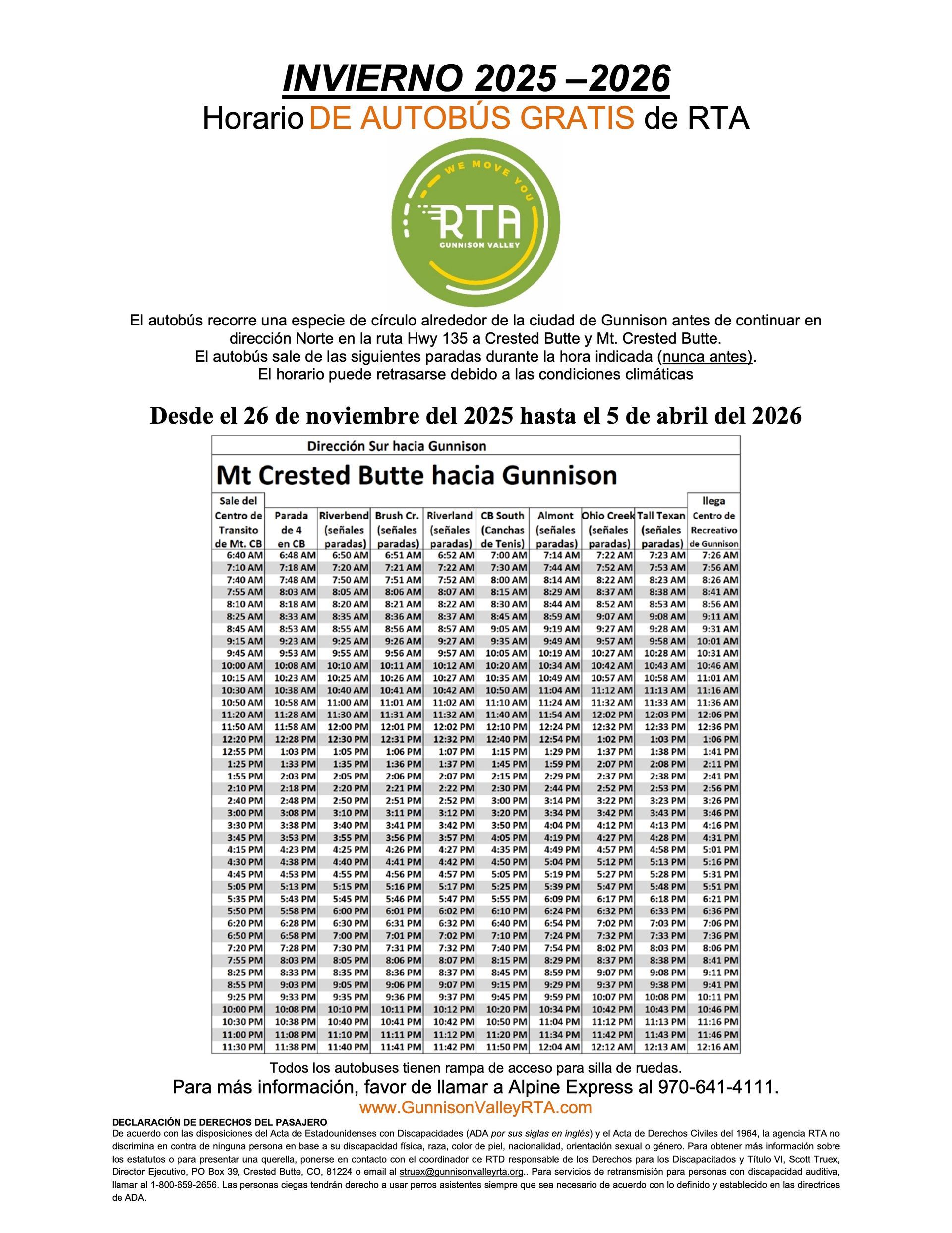 Timetable for a southbound bus route from Mt. Crested Butte to Gunnison with stop times.