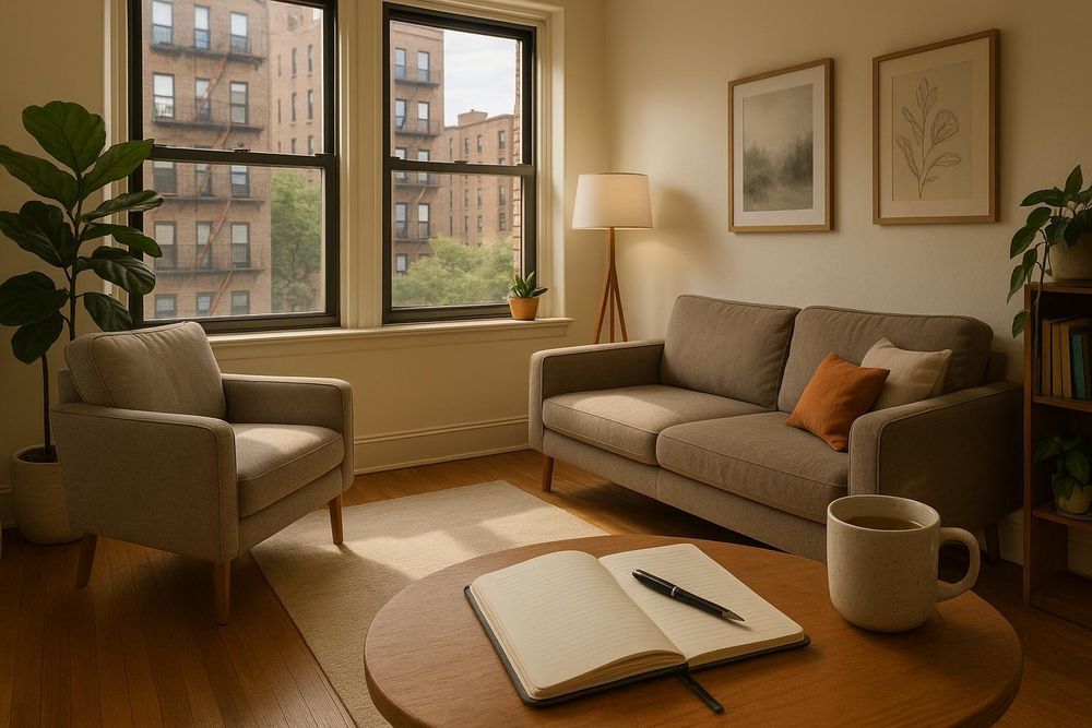 Cozy living room with a couch, armchair, round coffee table with notebook, and windows overlooking a city.