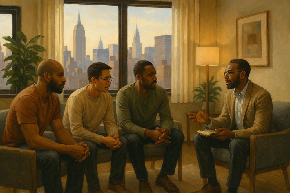 Four men in therapy session, overlooking city skyline. Therapist gestures, other men listen.