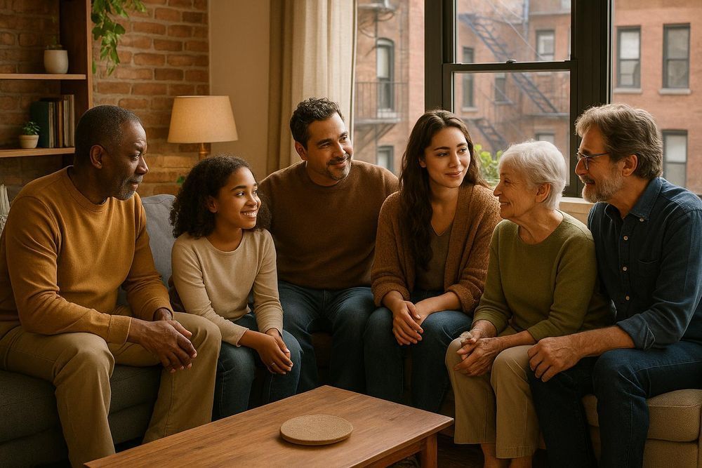 Family sitting and talking in a living room; smiling, sharing quality time.