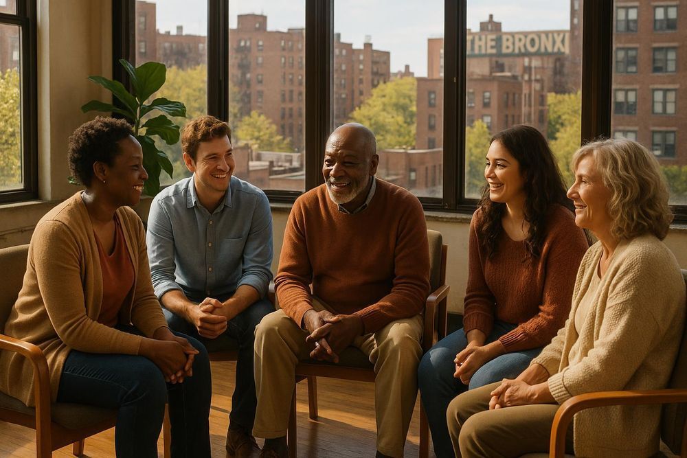 Five people in a circle, smiling, in front of a window overlooking The Bronx.