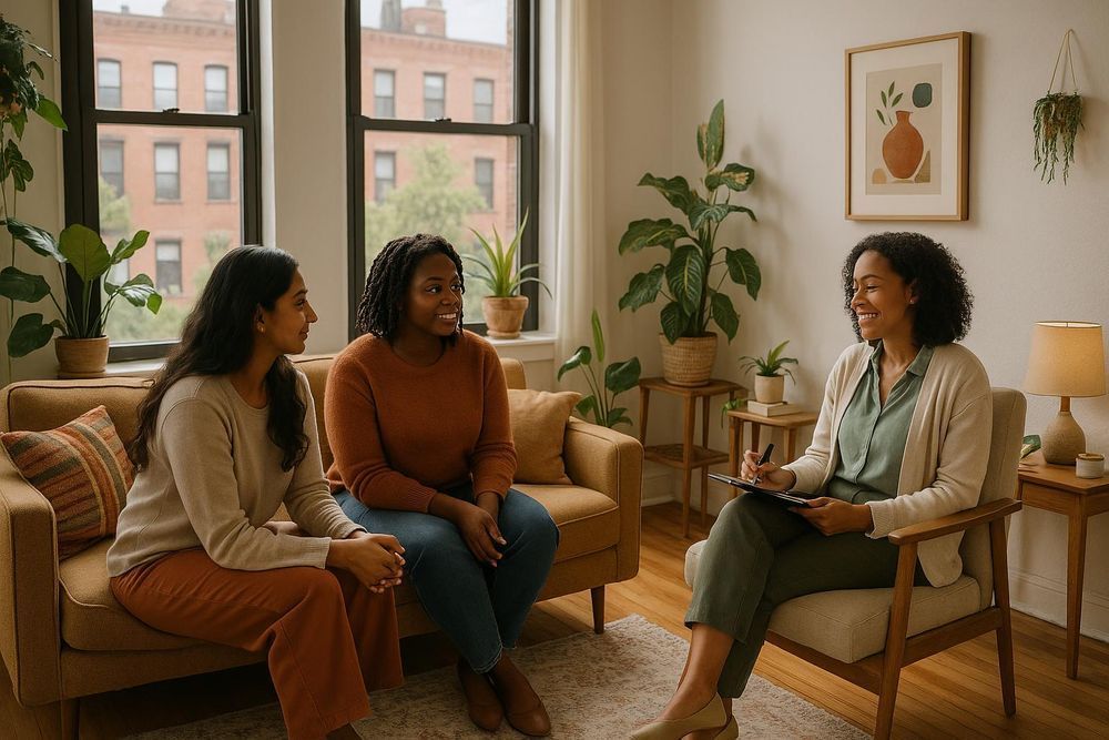 Two people seated on a sofa converse with a person in a chair, taking notes. Light-filled room with plants.