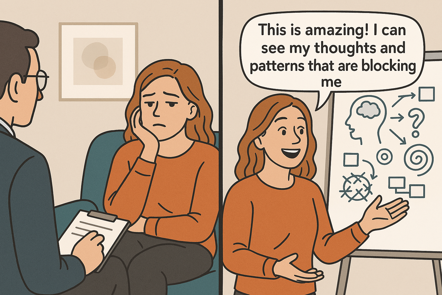 unhappy client with traditional talk therapy versus happy client visual whiteboard method 