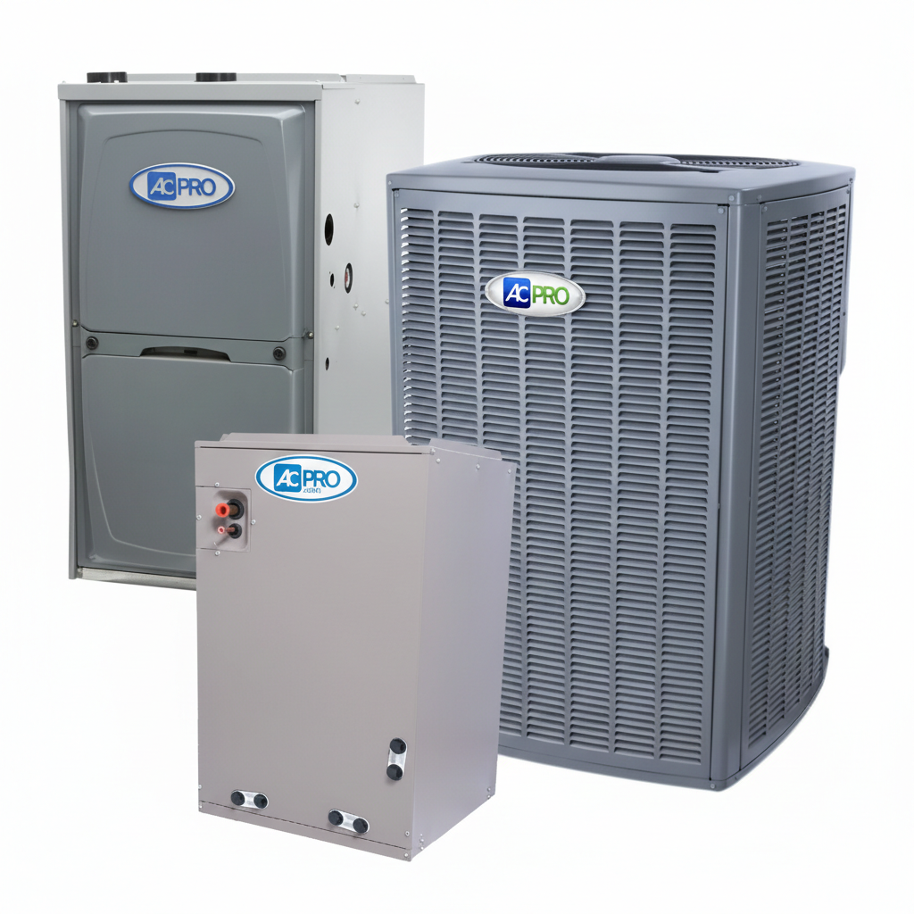 AC Pro heating and cooling system components: furnace, air handler, and condenser unit.
