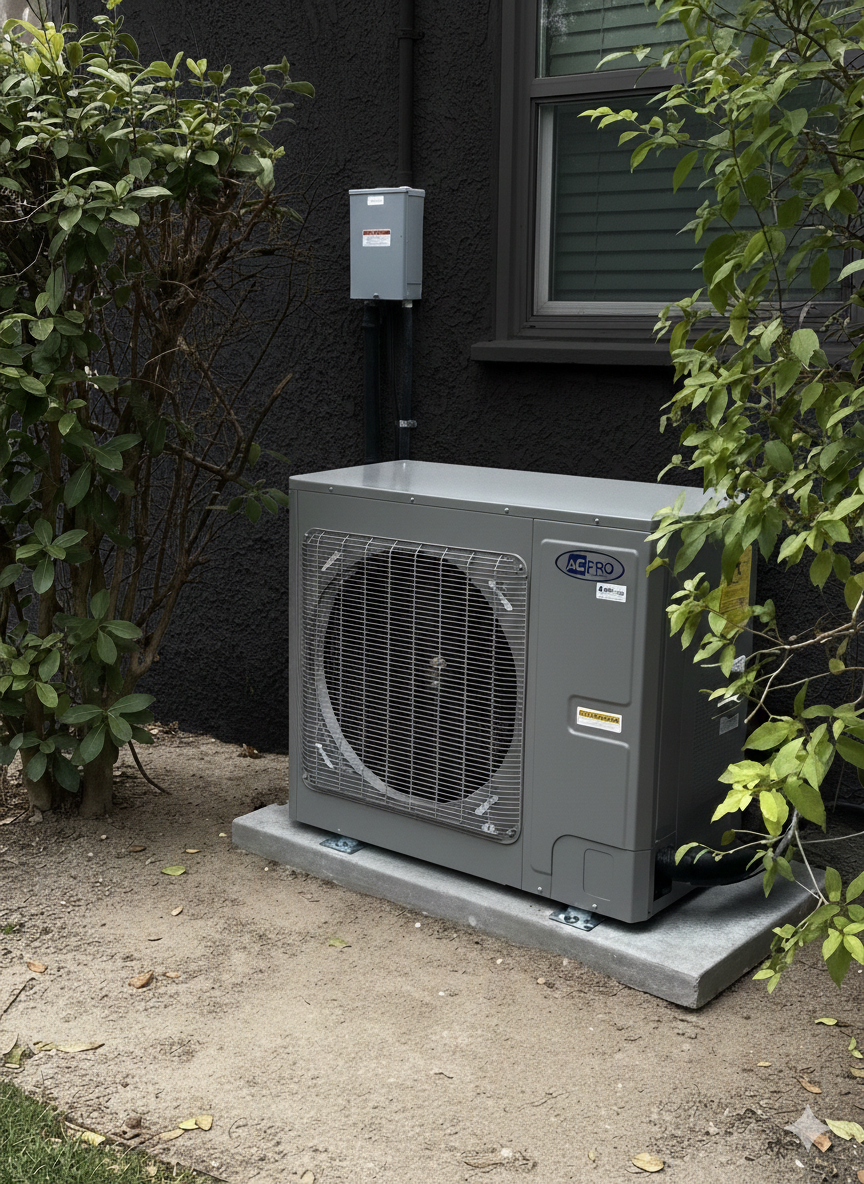 Heat pump unit outside a house, connected to a power box. Gray unit on a concrete pad with foliage.