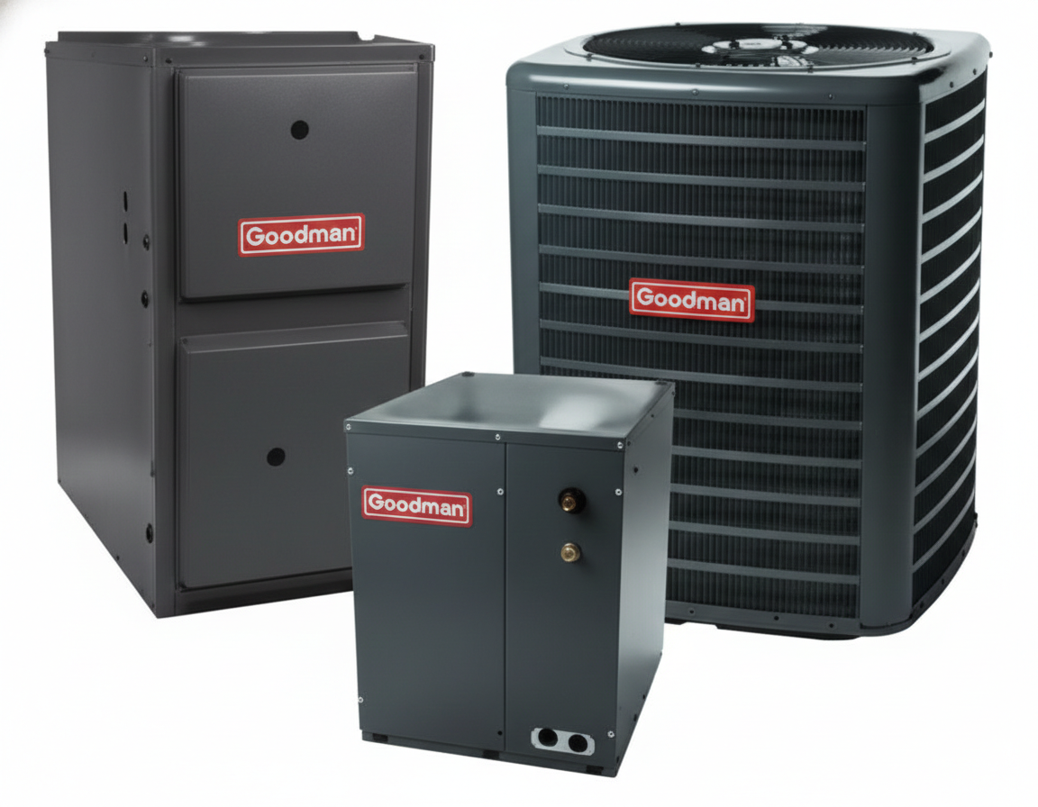 Three Goodman HVAC units: furnace, air handler, and condenser, gray, on white background.