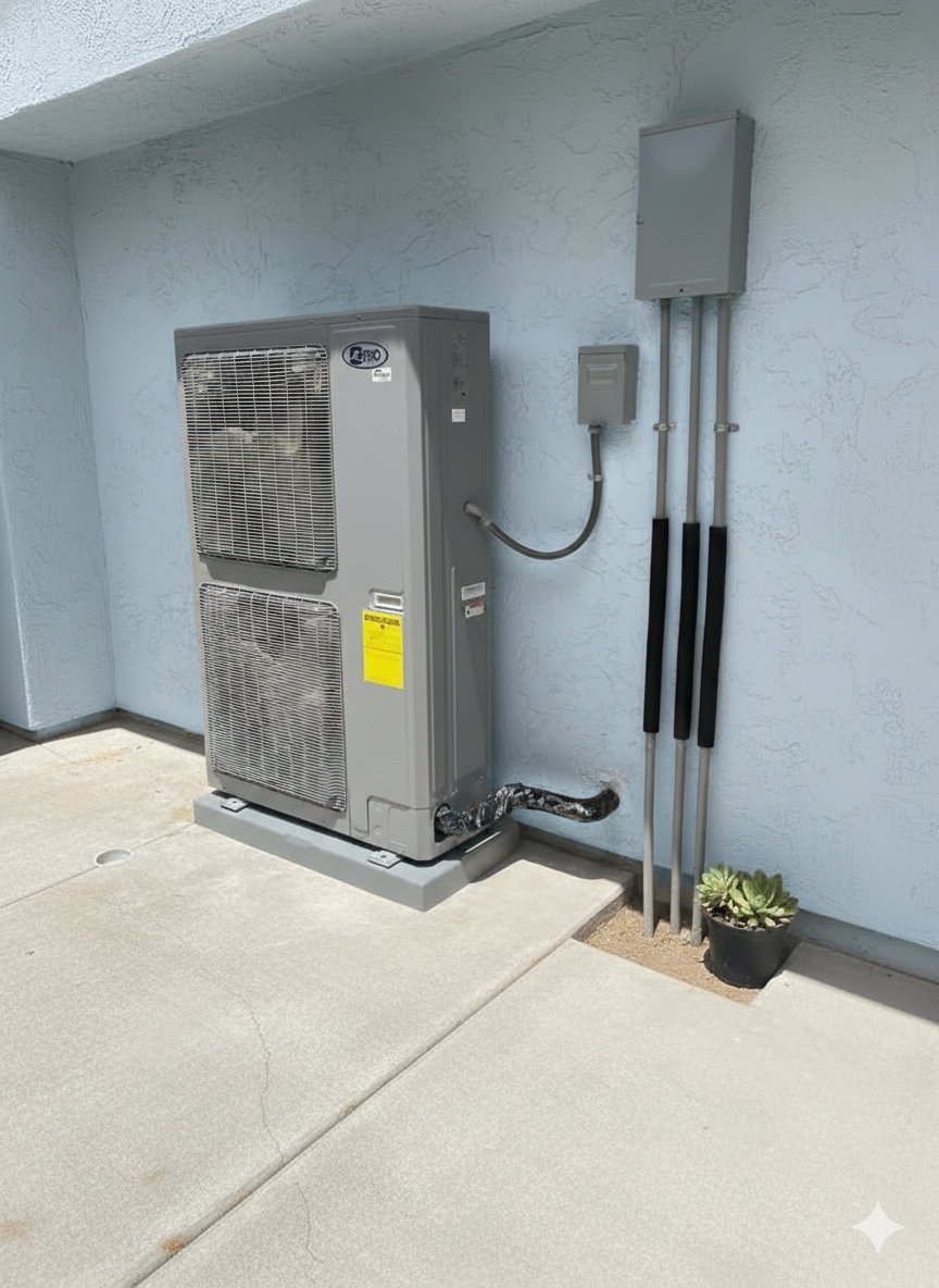 Gray HVAC unit outside, connected to electrical conduit on a light blue wall, on a concrete pad.