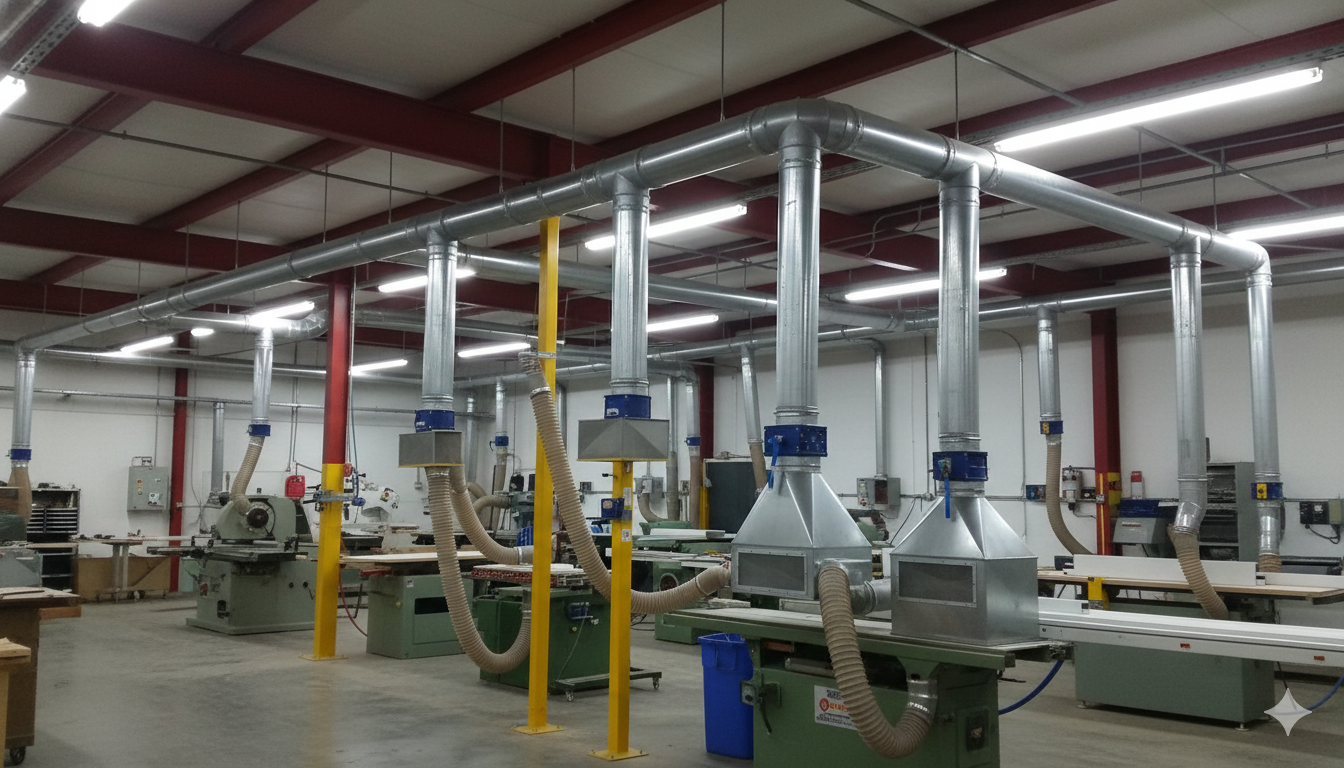 Overhead ductwork with multiple hoses attached above woodworking machines in a shop.