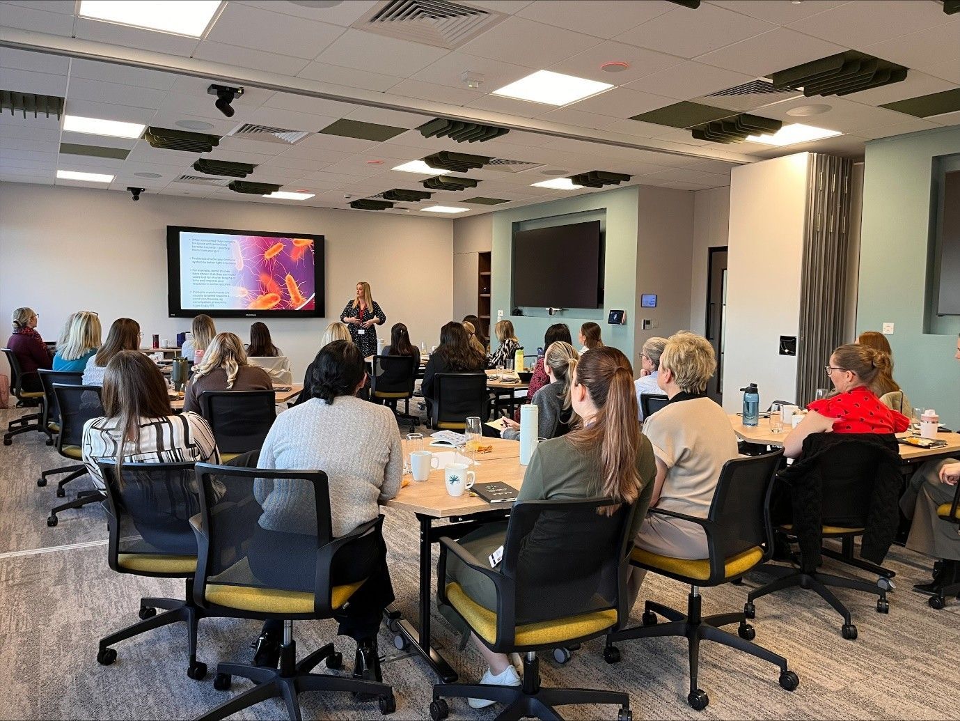 A group of people in a conference room attending a presentation. A woman speaks at a screen.