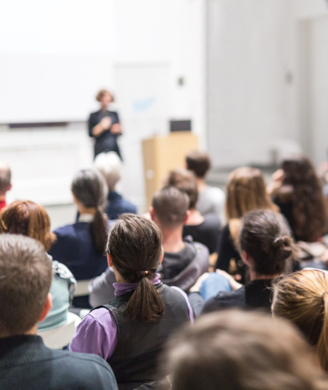 Audience at presentation; speaker standing at whiteboard in front of the audience.