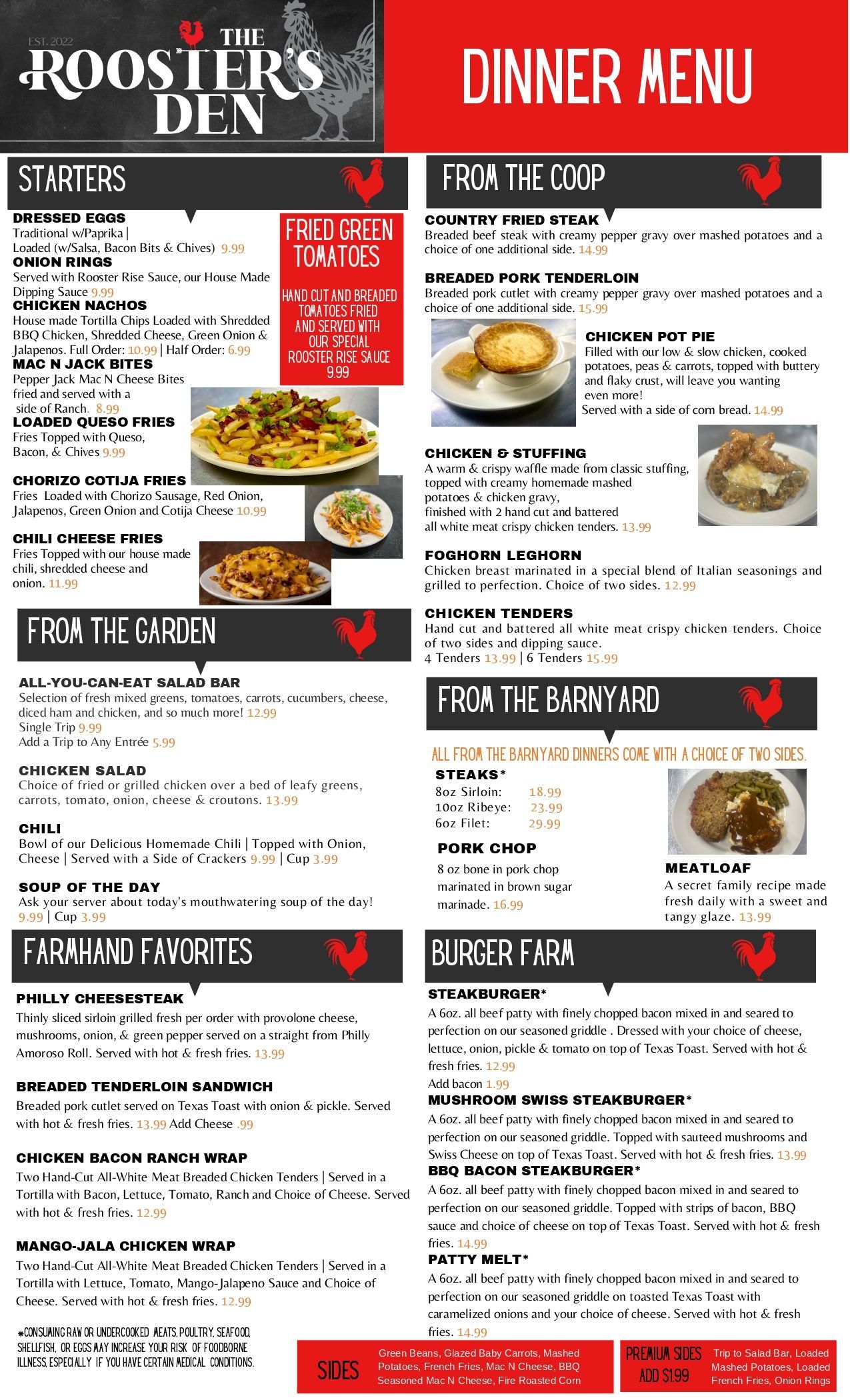 Our Menus Newburgh, IN The Rooster’s Den