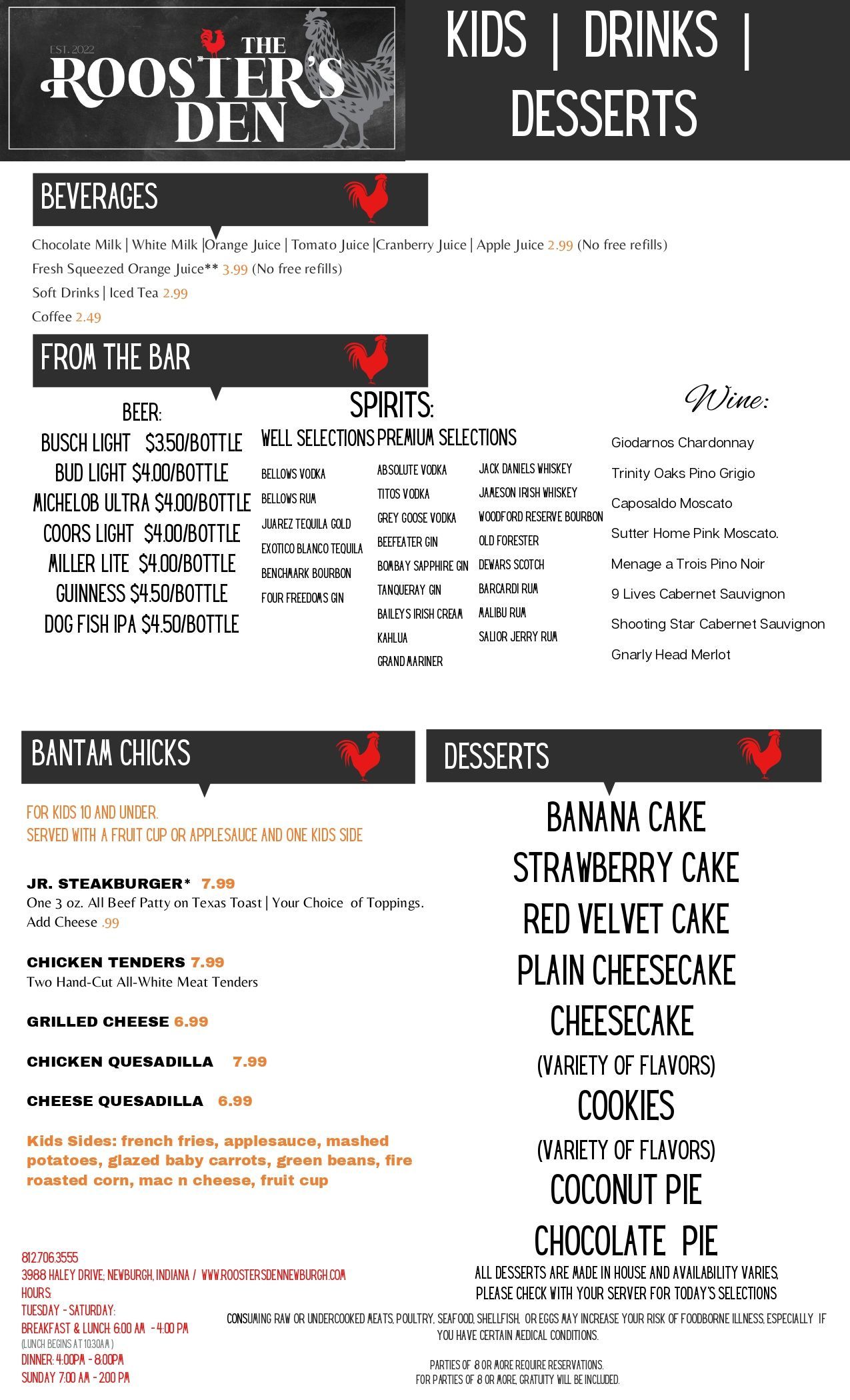 Our Menus Newburgh, IN The Rooster’s Den