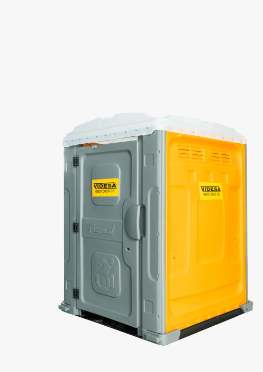 Une toilette portable jaune et grise sur fond blanc.