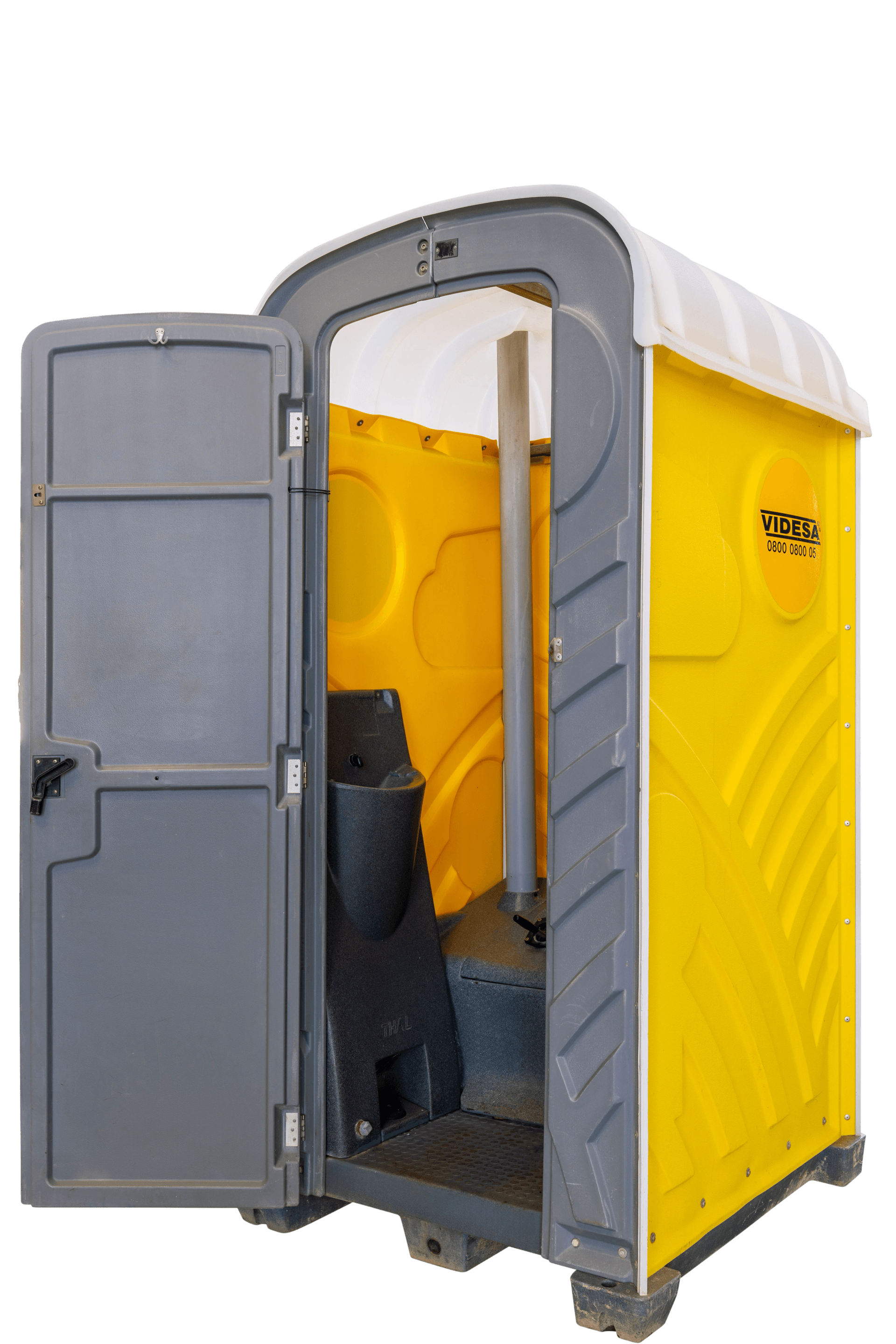 Des toilettes portables jaunes et grises avec la porte ouverte.
