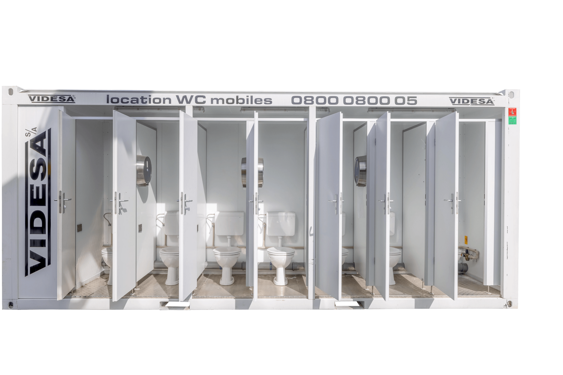 Un rendu 3D d'un conteneur avec des toilettes à l'intérieur.