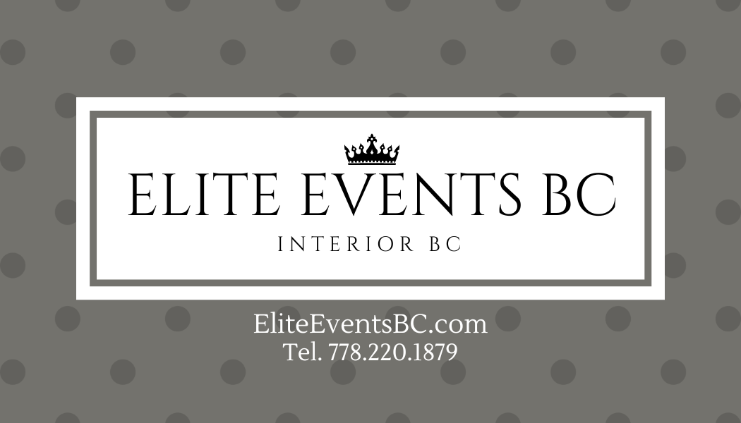 Logo design Kamloops - Elite Events BC business card featuring crown emblem and contact information on dotted background