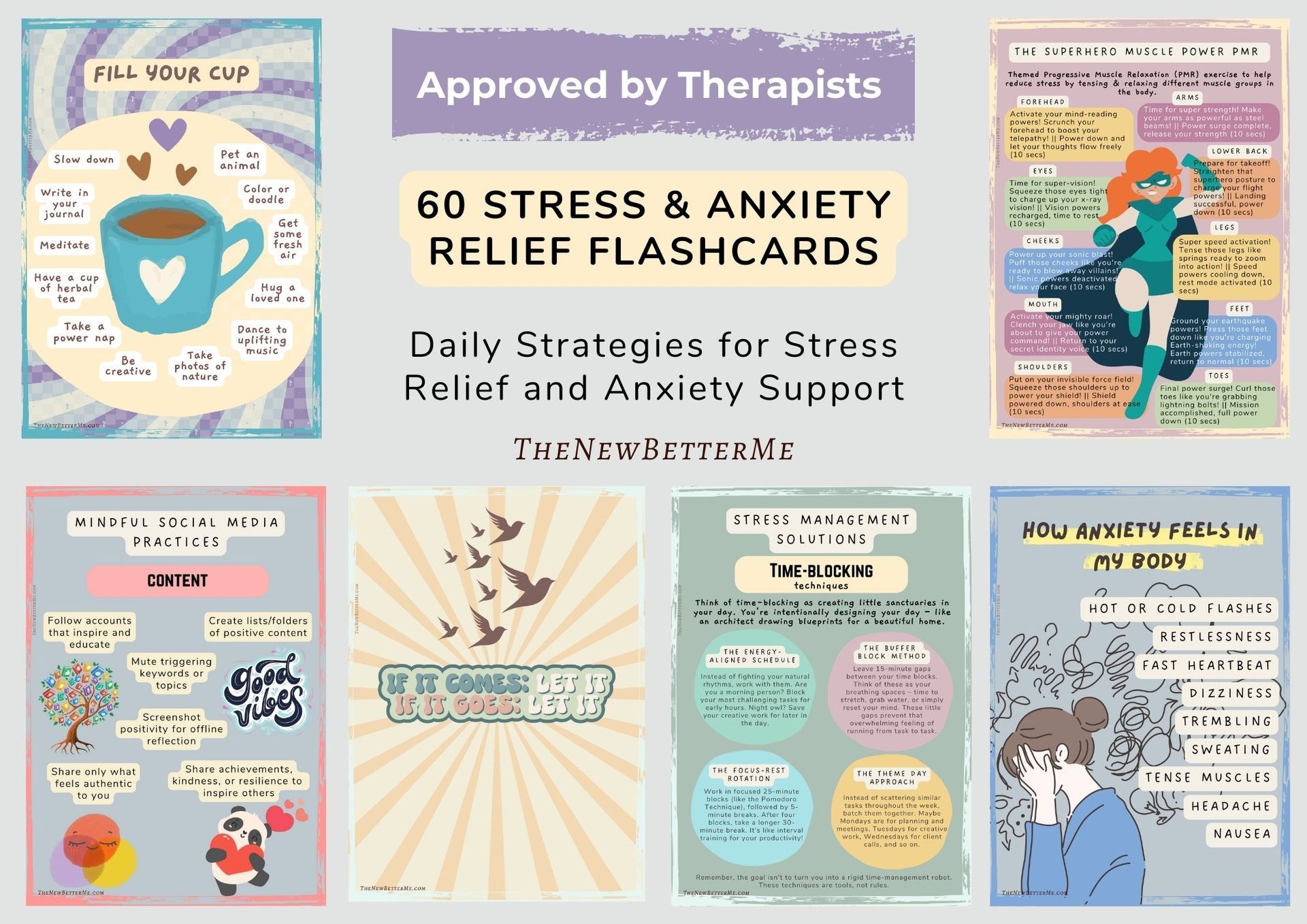 Graphic Design Kamloops - Advertisement for stress relief flashcards with colorful illustrations and therapeutic techniques