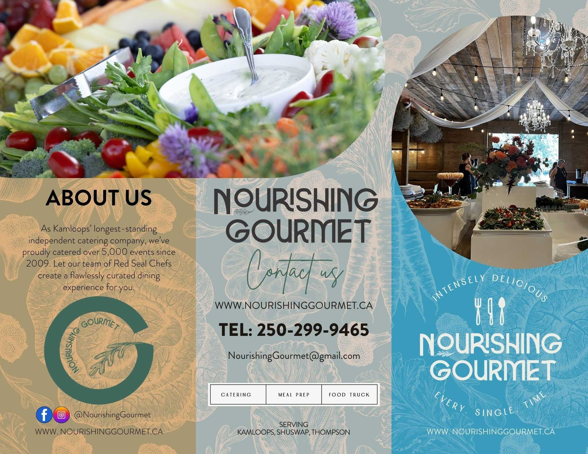 Print and digital design Kamloops - Nourishing Gourmet catering company tri-fold brochure layout following existing branding
