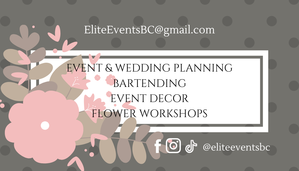 Creative logo design in Kamloops, Canada - Elite Events BC business card reverse side with floral elements and service list