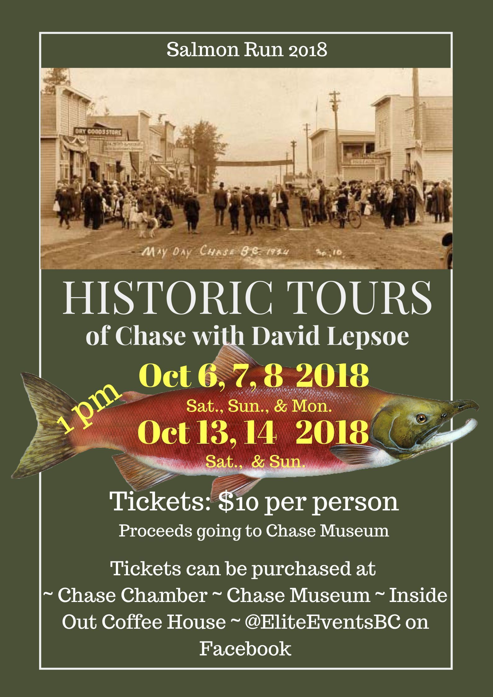 Website graphics Canada - Historic Tours of Chase promotional poster featuring vintage photo and salmon graphic