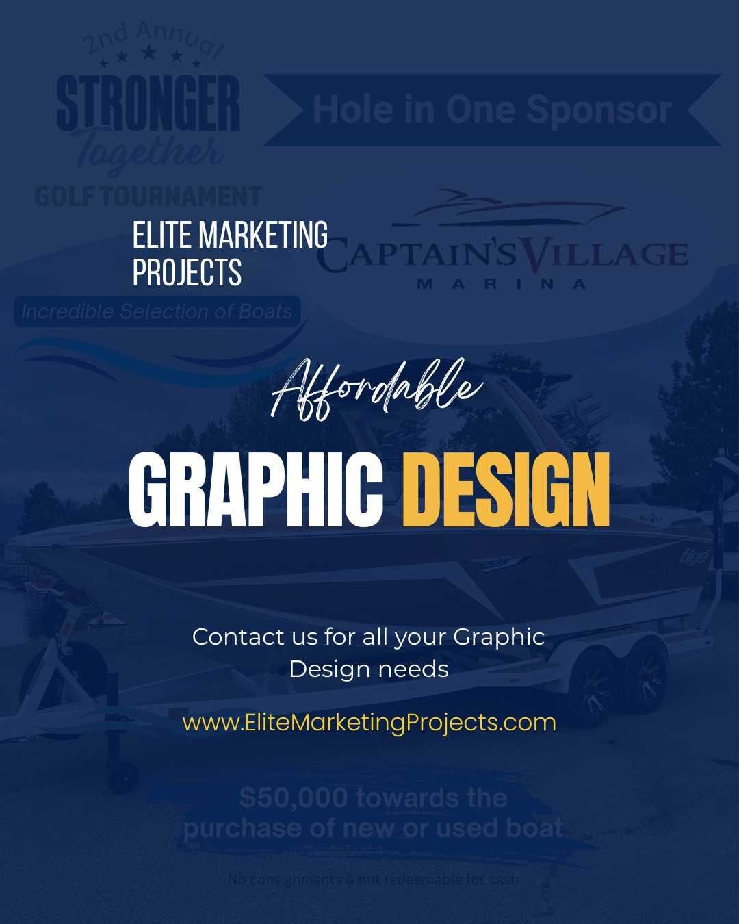 Graphic design advertisement for Elite Marketing Projects featuring a marina background with boats. 