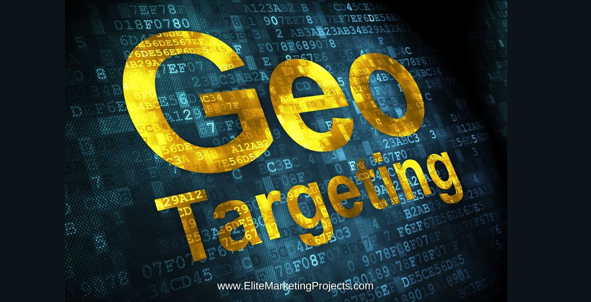 Geofencing Marketing Geo Targeting digital concept with golden text on a data background, representing geofencing ads. Image for Elite Marketing Projects, a geofencing marketing company offering location-based ad strategies and geofence marketing services.