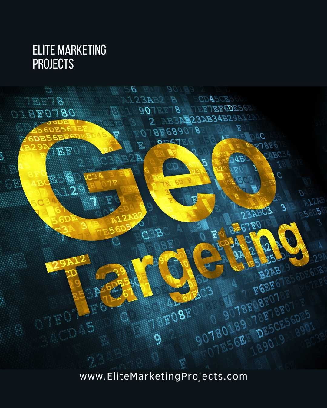 Geo Targeting digital concept with golden text on a data background, representing geofencing ads. 
