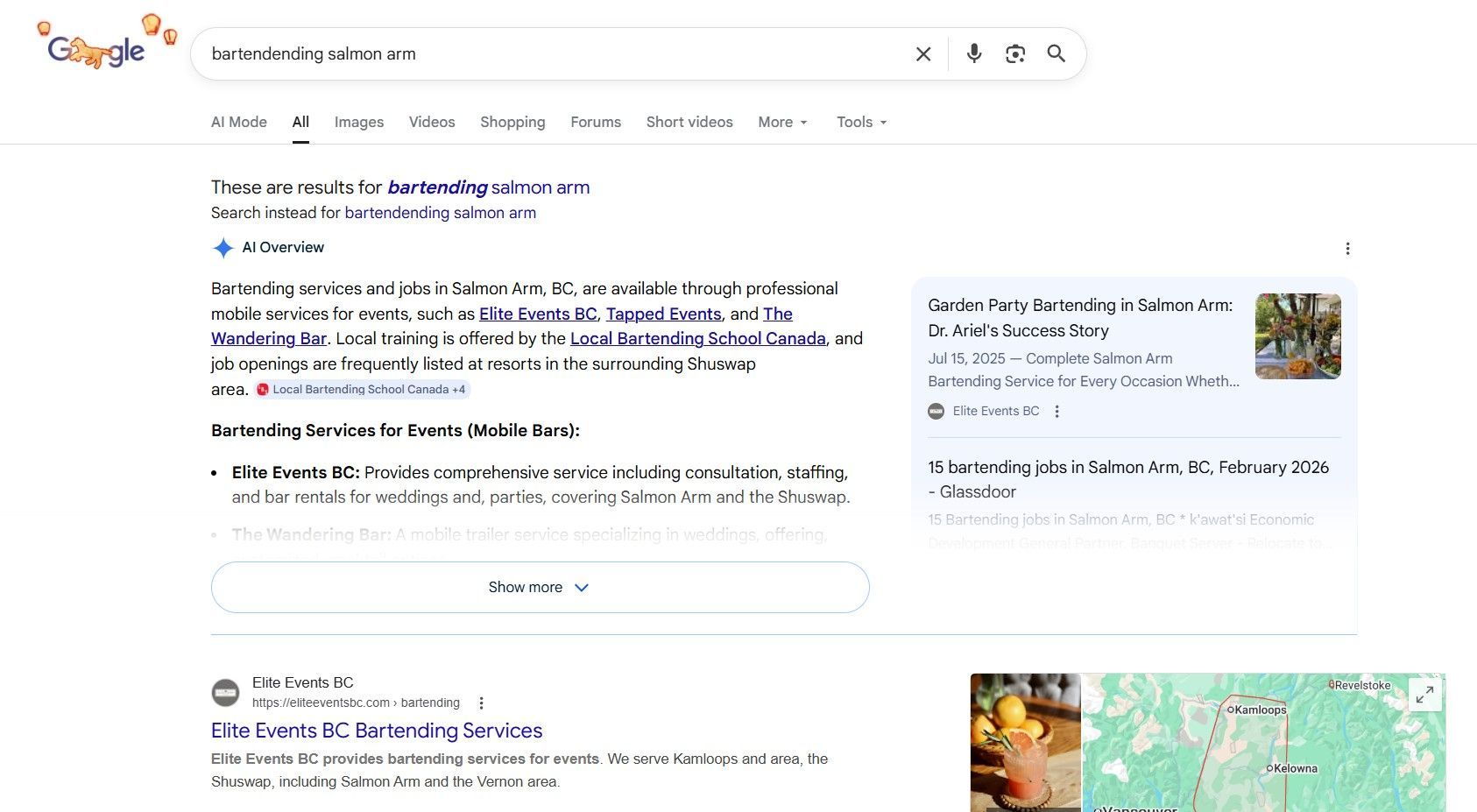 Elite Events BC appearing in Google AI Overview and ranking #1 organically for bartending Salmon Arm BC