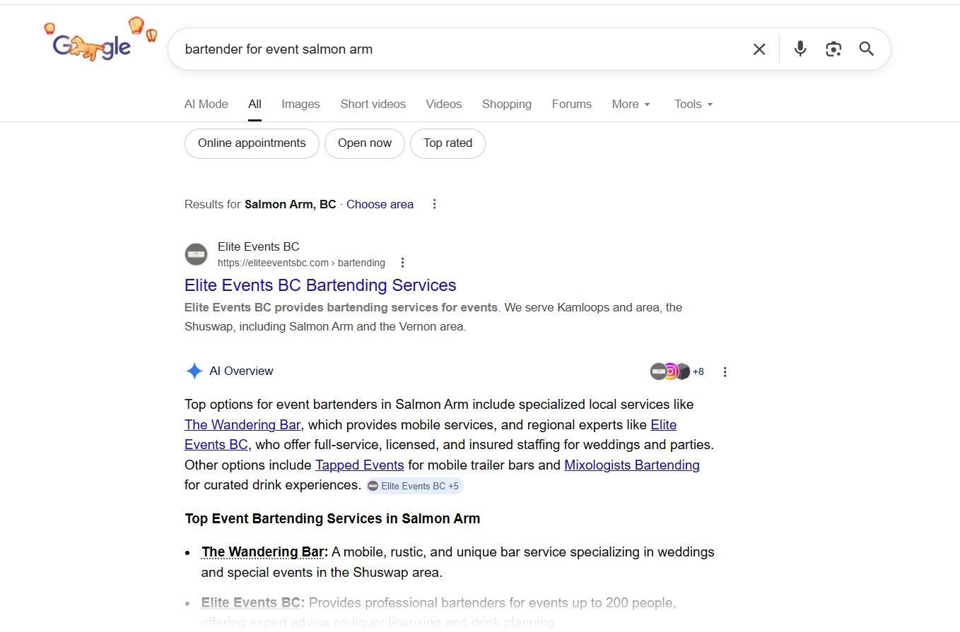 Elite Events BC cited in Google AI Search results for bartending services in Salmon Arm BC