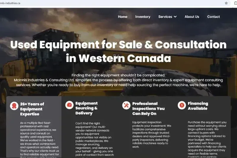 New website design for McInnis Industries Kamloops BC - used equipment sales and consultation site built by Elite Marketing Projects