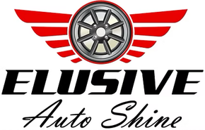 Logo for Elusive Auto Shine: Red wings behind a wheel graphic, text 