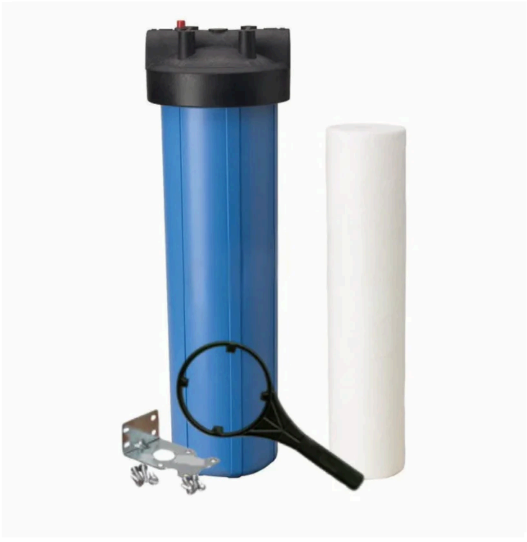Blue water filter with white filter, wrench, and mounting bracket.