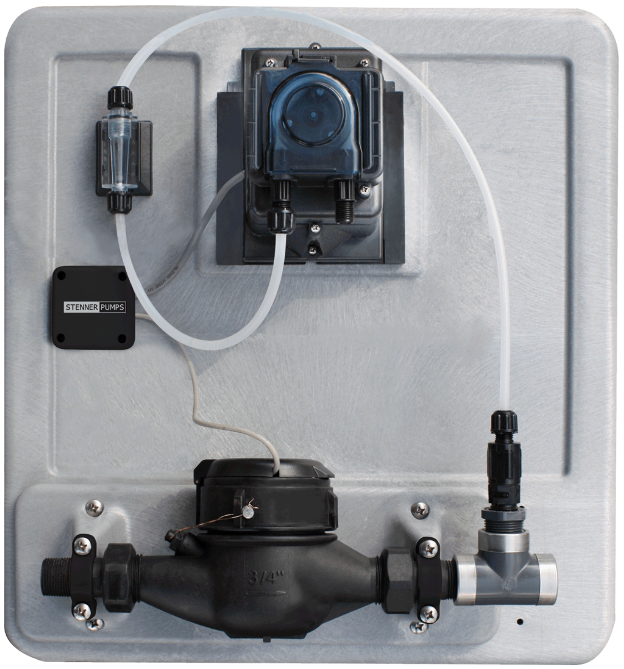 Water treatment system mounted on a gray panel; includes pump, flow meter, and tubing.