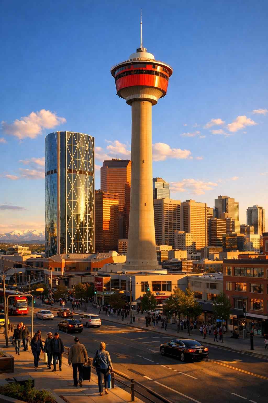 Calgary Tower stands tall above a busy city street at sunset, with The Bow building nearby and pedestrians below.