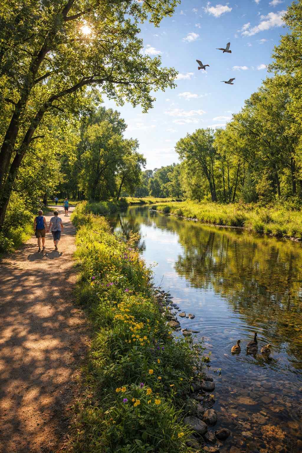 Two people walk along a sunny, tree-lined path beside a calm river, with three birds flying overhead and ducks swimming.