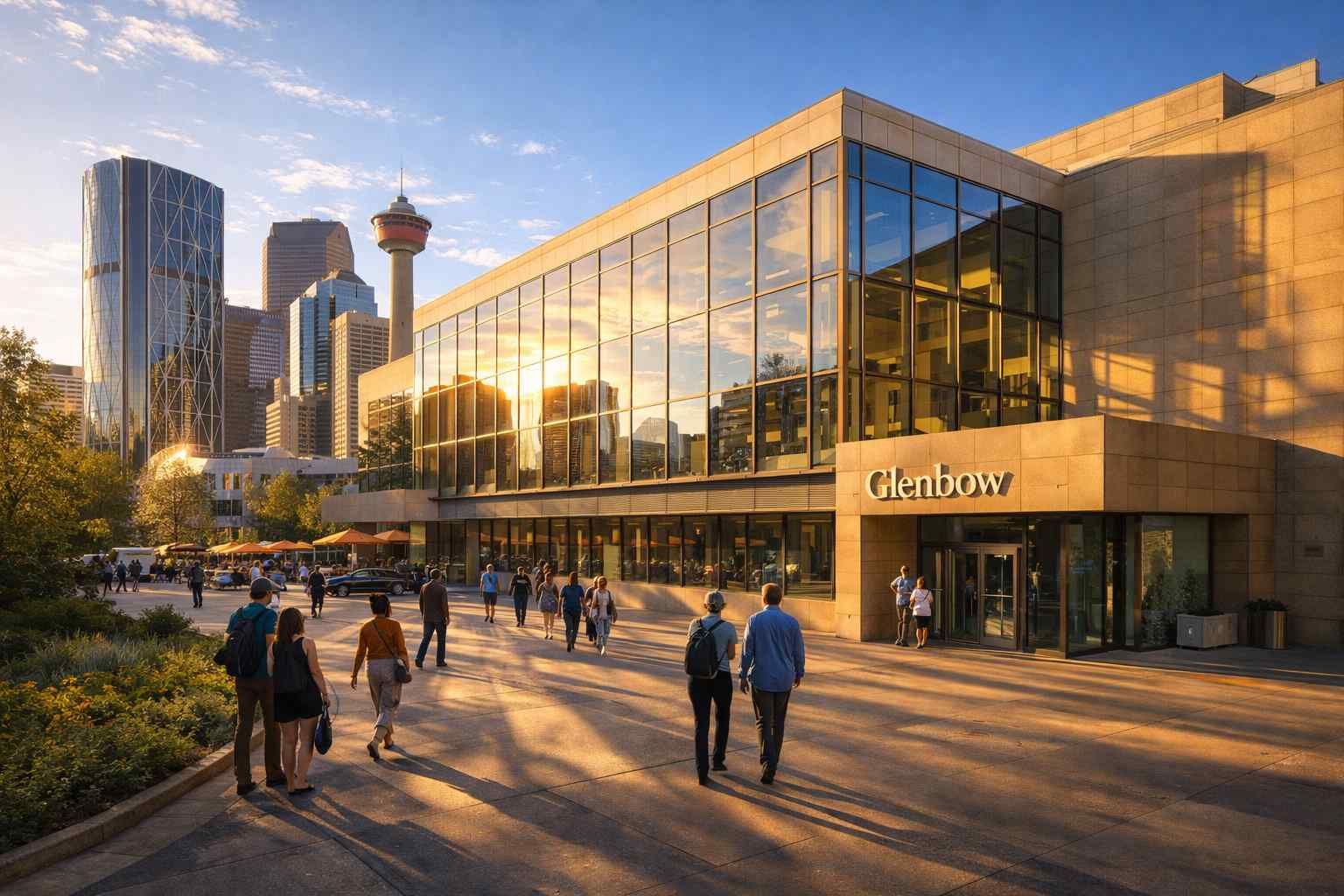 People walk along a plaza toward the Glenbow Museum in Calgary, with the city skyline and Calgary Tower in the background.