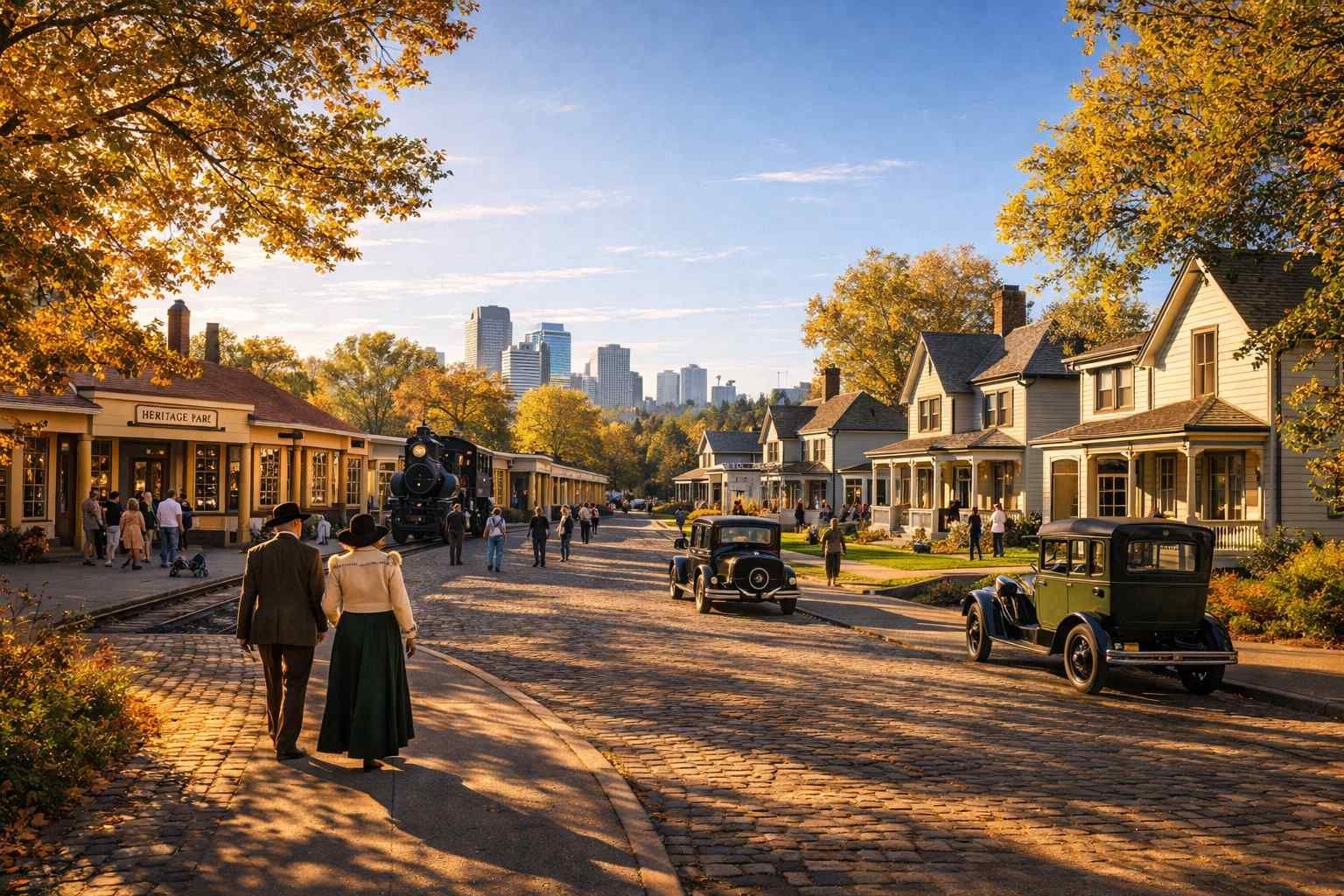 A historic street scene with vintage cars and people in period attire, leading toward a modern city skyline at sunset.
