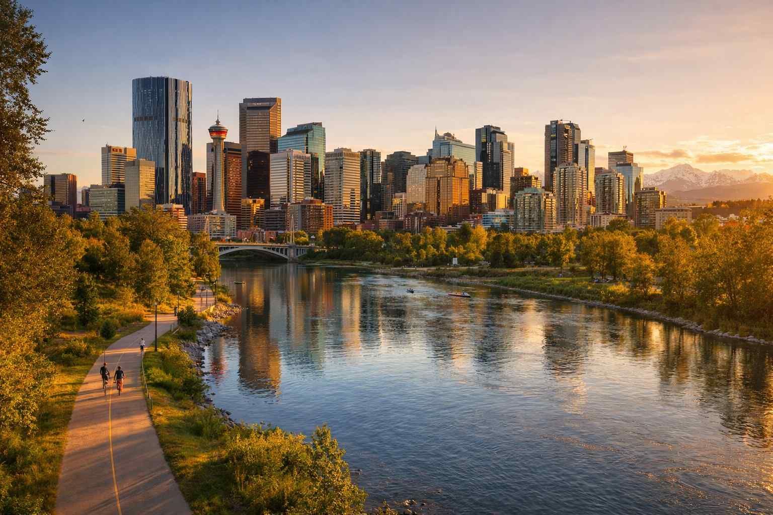 Calgary skyline at sunset, featuring the Calgary Tower, reflected in the Bow River with a walking path in the foreground.