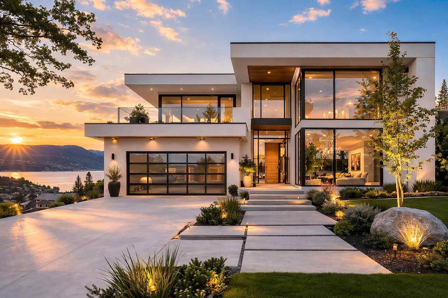 A modern, two-story luxury home at sunset, featuring floor-to-ceiling glass, a garage, and a landscaped walkway.