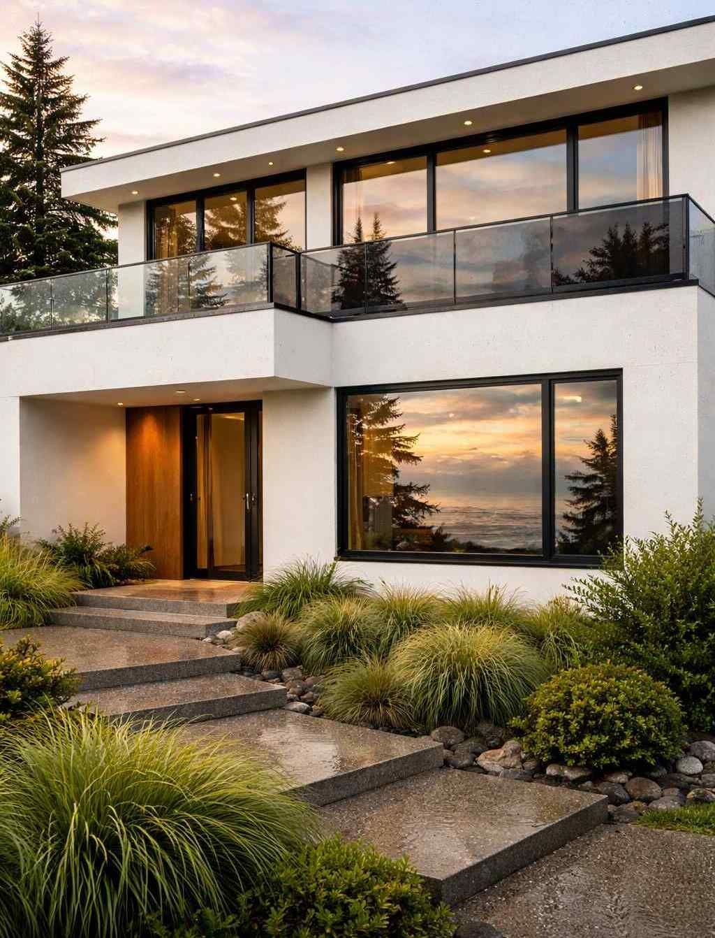 A modern, two-story white house with large glass windows, a dark balcony railing, and a landscaped front walkway.