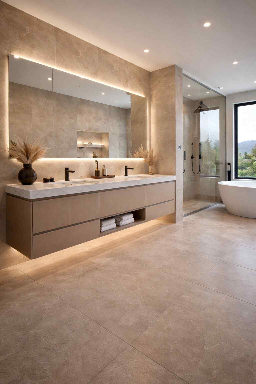 A modern, minimalist bathroom features white marble walls, a glass-enclosed shower, and patterned floor tile.