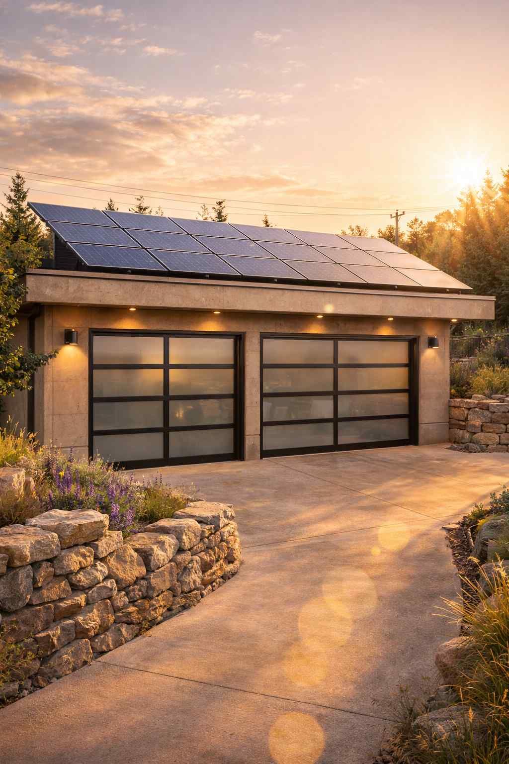 Modern living room featuring a light beige sectional sofa, a round coffee table on a patterned rug, and a wooden staircase.