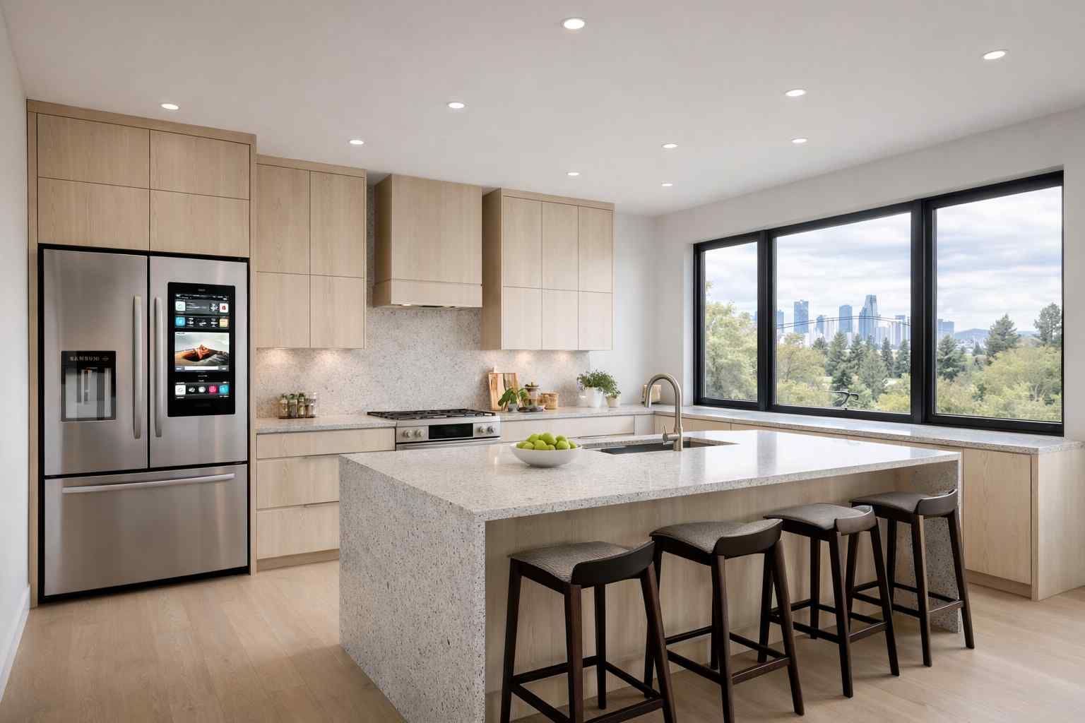 A bright kitchen with white cabinets, a large central island with bar stools, and a dining area with sunflower bouquet.