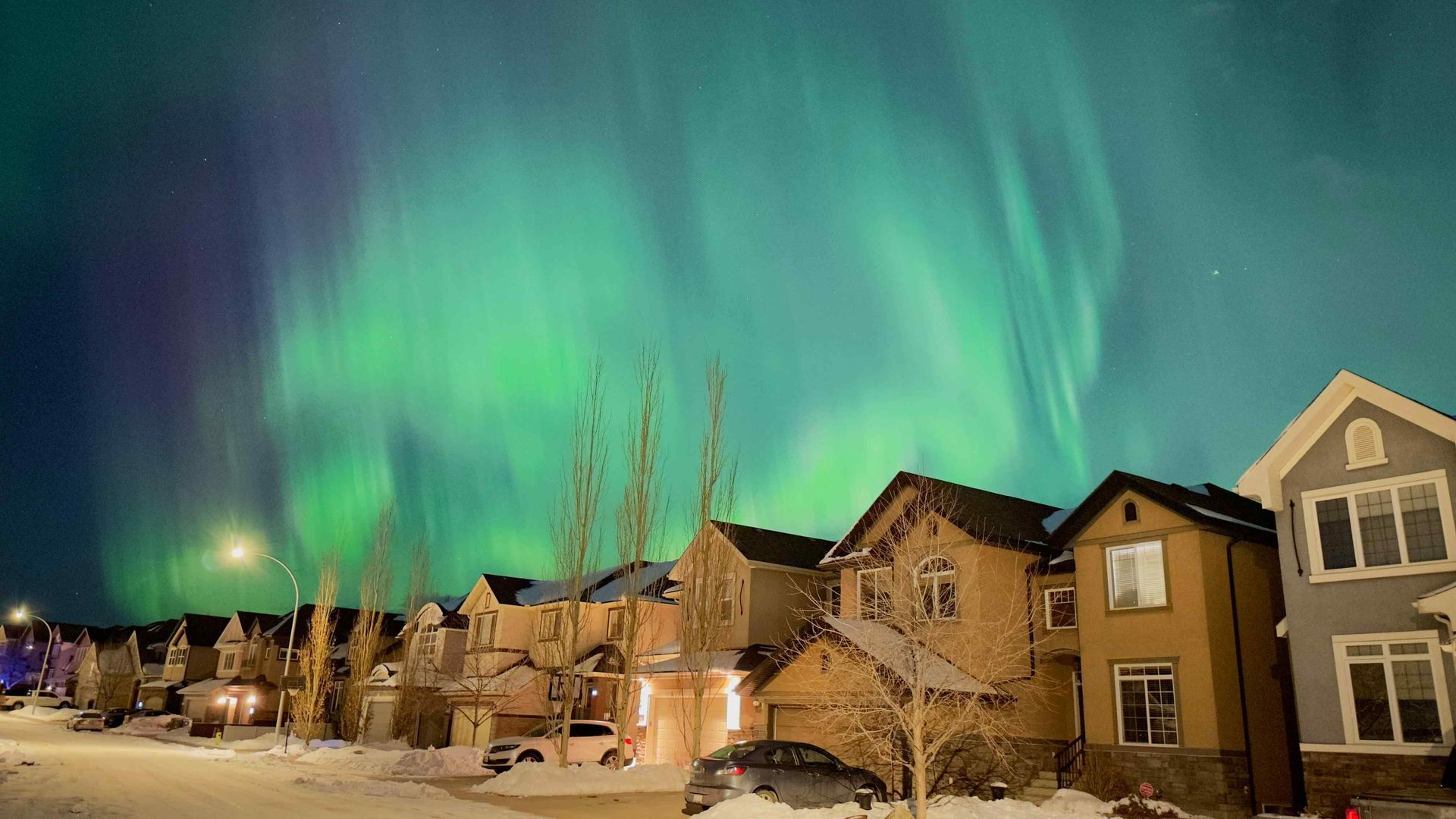 Aurora borealis over suburban houses, green and purple light in night sky, snow on ground.