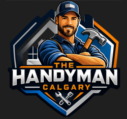 Logo for The Handyman Calgary featuring a smiling worker with a hammer, set against a blue, orange, and gray house icon.