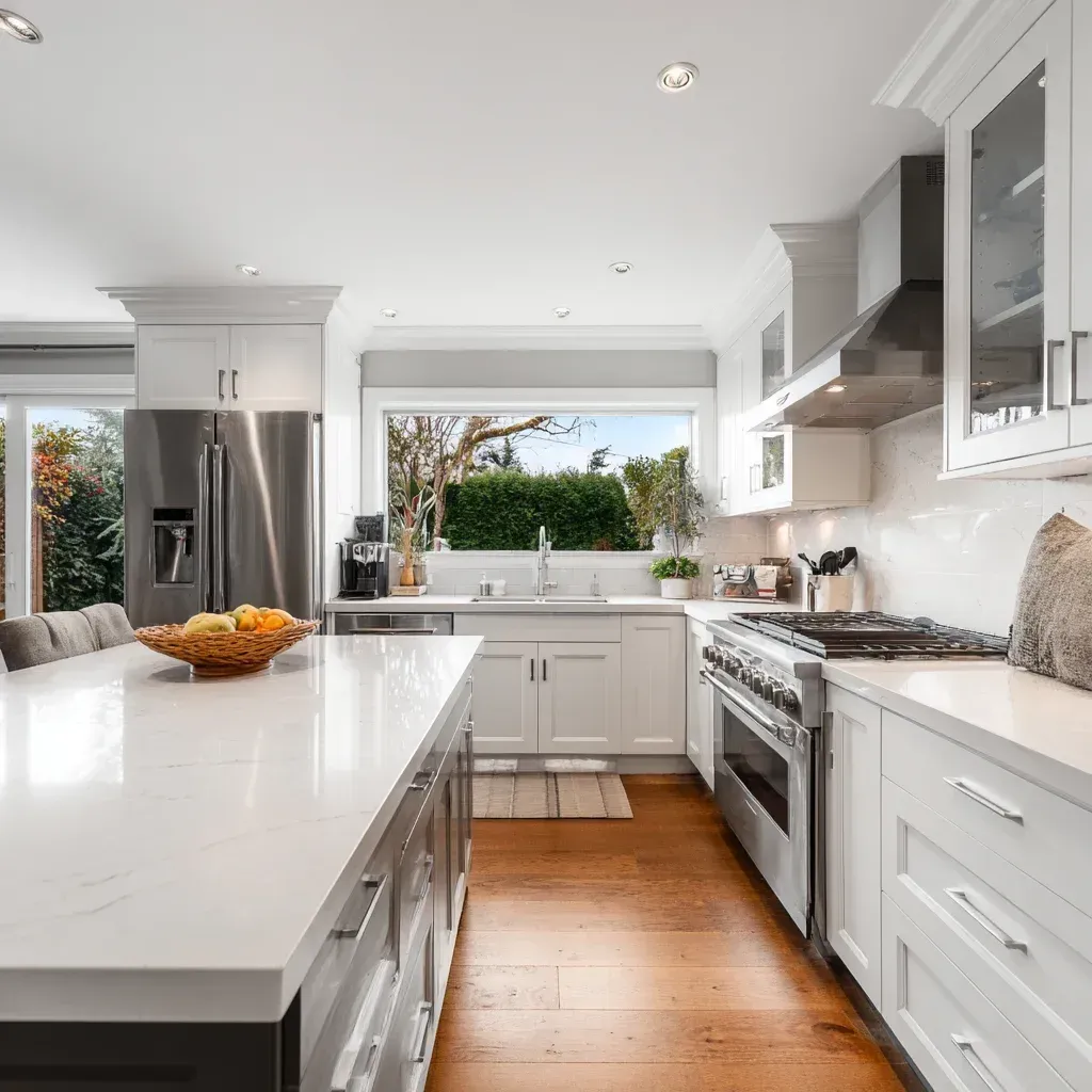 Modern white kitchen with island, stainless steel appliances, and wood floors.