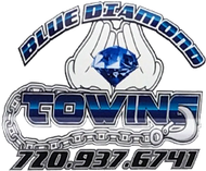 Blue Diamond Towing logo: Hands holding blue diamond, surrounded by chain, phone number.
