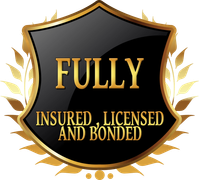 A black and gold emblem that says fully insured licensed and bonded