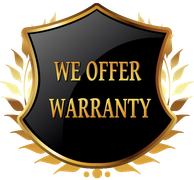 A shield with the words we offer warranty on it